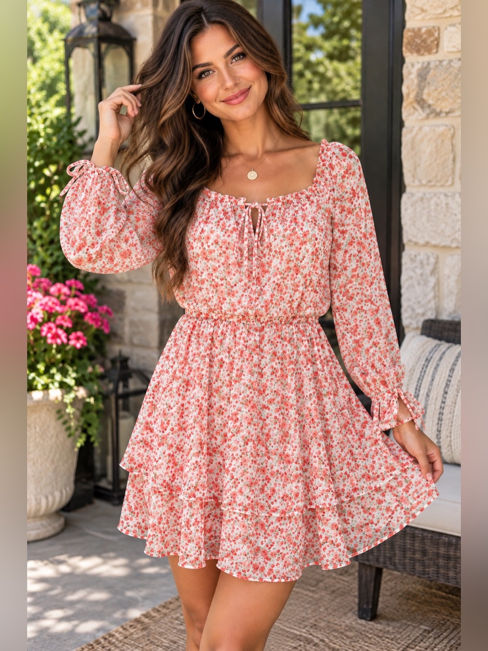 Rue21 Floral Tiered Mini Dress M Pink Rose Long Sleeve Romantic Cottagecore A36